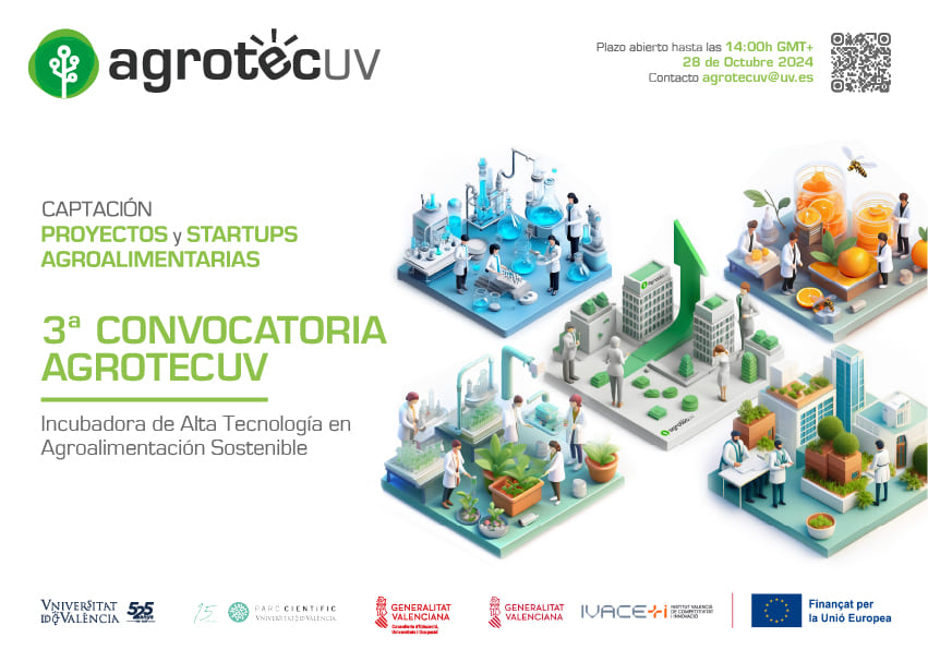 Promotional image of the 3rd AgrotecUV call showing five platforms that represent the incubator's work fields.
